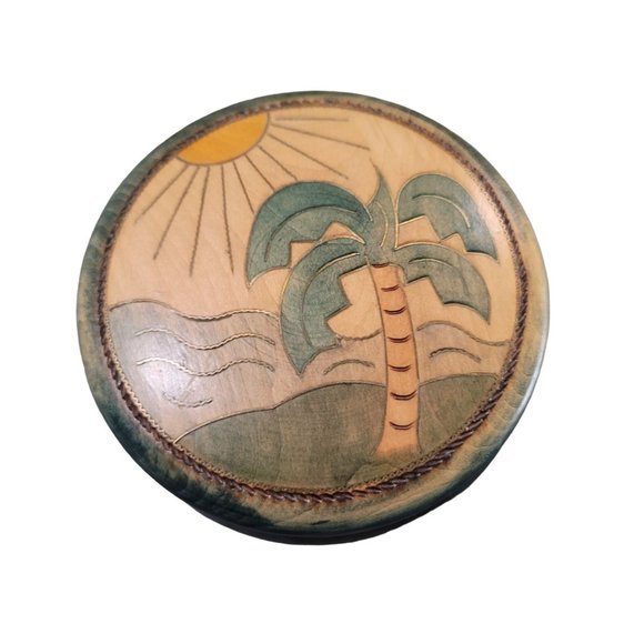wooden hand carved tropical themed round box container with shells sand dollar - Picture 10 of 10